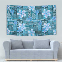 Cyan Hawaii Plumeria With Tropical Flowers Motifs Tapestry