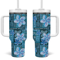 Cyan Hawaii Plumeria With Tropical Flowers Motifs Tumbler With Handle