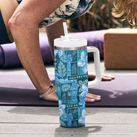 Cyan Hawaii Plumeria With Tropical Flowers Motifs Tumbler With Handle