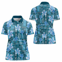 Cyan Hawaii Plumeria With Tropical Flowers Motifs Women Polo Shirt