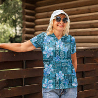 Cyan Hawaii Plumeria With Tropical Flowers Motifs Women Polo Shirt