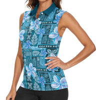 Cyan Hawaii Plumeria With Tropical Flowers Motifs Women Sleeveless Polo Shirt