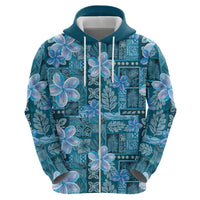 Cyan Hawaii Plumeria With Tropical Flowers Motifs Zip Hoodie