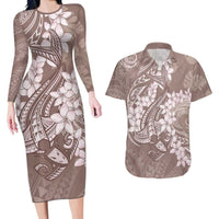 Polynesia Hammerhead Shark Tattoo With Plumeria Lei Couples Matching Long Sleeve Bodycon Dress and Hawaiian Shirt
