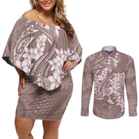 Polynesia Hammerhead Shark Tattoo With Plumeria Lei Couples Matching Off Shoulder Short Dress and Long Sleeve Button Shirt LT14 Mocha - Polynesian Pride