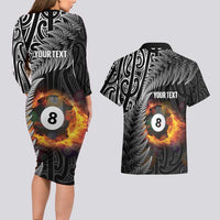 Personalised New Zealand Billiards Couples Matching Long Sleeve Bodycon Dress and Hawaiian Shirt Maori Fern On Fire 8 Ball - Polynesian Pride