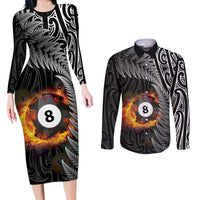 Personalised New Zealand Billiards Couples Matching Long Sleeve Bodycon Dress and Long Sleeve Button Shirt Maori Fern On Fire 8 Ball - Polynesian Pride