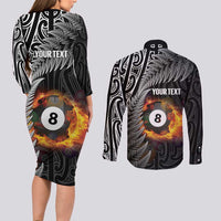 Personalised New Zealand Billiards Couples Matching Long Sleeve Bodycon Dress and Long Sleeve Button Shirt Maori Fern On Fire 8 Ball - Polynesian Pride