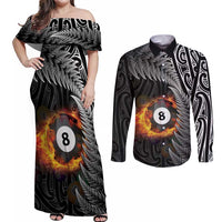 Personalised New Zealand Billiards Couples Matching Off Shoulder Maxi Dress and Long Sleeve Button Shirt Maori Fern On Fire 8 Ball - Polynesian Pride