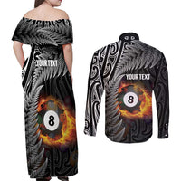 Personalised New Zealand Billiards Couples Matching Off Shoulder Maxi Dress and Long Sleeve Button Shirt Maori Fern On Fire 8 Ball - Polynesian Pride