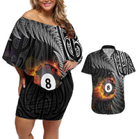 Personalised New Zealand Billiards Couples Matching Off Shoulder Short Dress and Hawaiian Shirt Maori Fern On Fire 8 Ball - Polynesian Pride