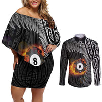 Personalised New Zealand Billiards Couples Matching Off Shoulder Short Dress and Long Sleeve Button Shirt Maori Fern On Fire 8 Ball - Polynesian Pride