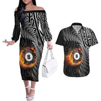 Personalised New Zealand Billiards Couples Matching Off The Shoulder Long Sleeve Dress and Hawaiian Shirt Maori Fern On Fire 8 Ball - Polynesian Pride