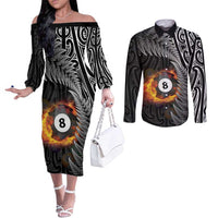 Personalised New Zealand Billiards Couples Matching Off The Shoulder Long Sleeve Dress and Long Sleeve Button Shirt Maori Fern On Fire 8 Ball - Polynesian Pride