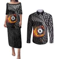 Personalised New Zealand Billiards Couples Matching Puletasi and Long Sleeve Button Shirt Maori Fern On Fire 8 Ball - Polynesian Pride