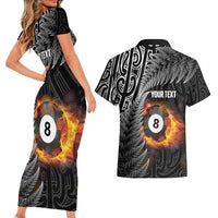 Personalised New Zealand Billiards Couples Matching Short Sleeve Bodycon Dress and Hawaiian Shirt Maori Fern On Fire 8 Ball - Polynesian Pride