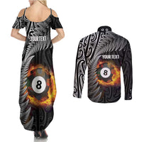 Personalised New Zealand Billiards Couples Matching Summer Maxi Dress and Long Sleeve Button Shirt Maori Fern On Fire 8 Ball - Polynesian Pride