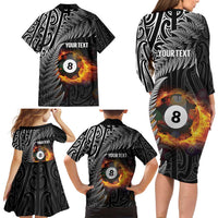 Personalised New Zealand Billiards Family Matching Long Sleeve Bodycon Dress and Hawaiian Shirt Maori Fern On Fire 8 Ball - Polynesian Pride