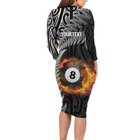 Personalised New Zealand Billiards Family Matching Long Sleeve Bodycon Dress and Hawaiian Shirt Maori Fern On Fire 8 Ball - Polynesian Pride