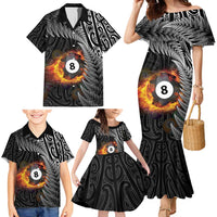 Personalised New Zealand Billiards Family Matching Mermaid Dress and Hawaiian Shirt Maori Fern On Fire 8 Ball - Polynesian Pride