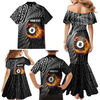 Personalised New Zealand Billiards Family Matching Mermaid Dress and Hawaiian Shirt Maori Fern On Fire 8 Ball - Polynesian Pride