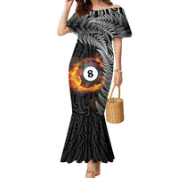 Personalised New Zealand Billiards Family Matching Mermaid Dress and Hawaiian Shirt Maori Fern On Fire 8 Ball - Polynesian Pride