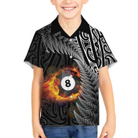 Personalised New Zealand Billiards Family Matching Off Shoulder Short Dress and Hawaiian Shirt Maori Fern On Fire 8 Ball - Polynesian Pride