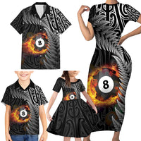 Personalised New Zealand Billiards Family Matching Short Sleeve Bodycon Dress and Hawaiian Shirt Maori Fern On Fire 8 Ball - Polynesian Pride