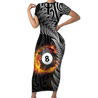 Personalised New Zealand Billiards Family Matching Short Sleeve Bodycon Dress and Hawaiian Shirt Maori Fern On Fire 8 Ball - Polynesian Pride