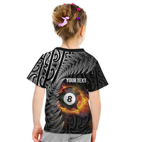 Personalised New Zealand Billiards Kid T Shirt Maori Fern On Fire 8 Ball - Polynesian Pride