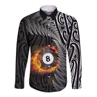 Personalised New Zealand Billiards Long Sleeve Button Shirt Maori Fern On Fire 8 Ball - Polynesian Pride