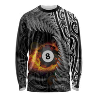 Personalised New Zealand Billiards Long Sleeve Shirt Maori Fern On Fire 8 Ball - Polynesian Pride