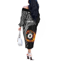Personalised New Zealand Billiards Off The Shoulder Long Sleeve Dress Maori Fern On Fire 8 Ball - Polynesian Pride