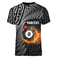 Personalised New Zealand Billiards Women V-Neck T-Shirt Maori Fern On Fire 8 Ball - Polynesian Pride