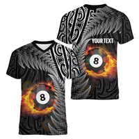 Personalised New Zealand Billiards Women V-Neck T-Shirt Maori Fern On Fire 8 Ball - Polynesian Pride