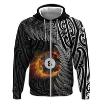 Personalised New Zealand Billiards Zip Hoodie Maori Fern On Fire 8 Ball - Polynesian Pride