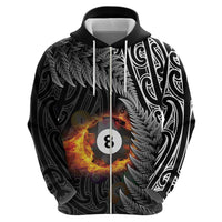 Personalised New Zealand Billiards Zip Hoodie Maori Fern On Fire 8 Ball - Polynesian Pride