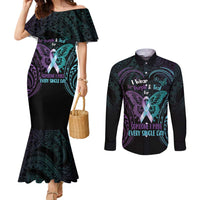 Suicide Awareness Memorial Couples Matching Mermaid Dress and Long Sleeve Button Shirt I Wear Purple and Teal For Someone I Miss - Polynesian Pride