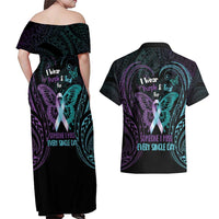 Suicide Awareness Memorial Couples Matching Off Shoulder Maxi Dress and Hawaiian Shirt I Wear Purple and Teal For Someone I Miss - Polynesian Pride