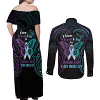 Suicide Awareness Memorial Couples Matching Off Shoulder Maxi Dress and Long Sleeve Button Shirt I Wear Purple and Teal For Someone I Miss - Polynesian Pride