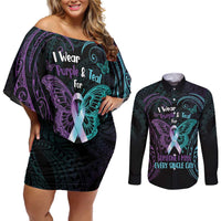 Suicide Awareness Memorial Couples Matching Off Shoulder Short Dress and Long Sleeve Button Shirt I Wear Purple and Teal For Someone I Miss - Polynesian Pride