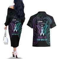 Suicide Awareness Memorial Couples Matching Off The Shoulder Long Sleeve Dress and Hawaiian Shirt I Wear Purple and Teal For Someone I Miss - Polynesian Pride