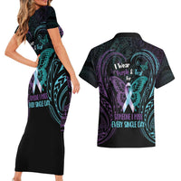 Suicide Awareness Memorial Couples Matching Short Sleeve Bodycon Dress and Hawaiian Shirt I Wear Purple and Teal For Someone I Miss - Polynesian Pride