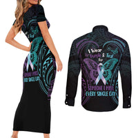Suicide Awareness Memorial Couples Matching Short Sleeve Bodycon Dress and Long Sleeve Button Shirt I Wear Purple and Teal For Someone I Miss - Polynesian Pride
