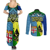 Malampa Fiji Day Couples Matching Summer Maxi Dress and Long Sleeve Button Shirts Together We Grow Proud Polynesian Tapa Artsy LT14 - Polynesian Pride