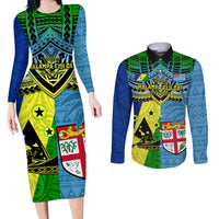 Custom Malampa Fiji Day Couples Matching Long Sleeve Bodycon Dress and Long Sleeve Button Shirts Together We Grow Proud Polynesian Tapa Artsy LT14 Blue - Polynesian Pride