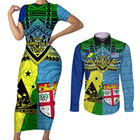 Custom Malampa Fiji Day Couples Matching Short Sleeve Bodycon Dress and Long Sleeve Button Shirts Together We Grow Proud Polynesian Tapa Artsy LT14 Blue - Polynesian Pride