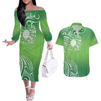 Polynesia Depression Awareness Couples Matching Off The Shoulder Long Sleeve Dress and Hawaiian Shirt Sunflower Green Ribbons Polynesian Tattoo