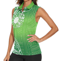 Polynesia Depression Awareness Women Sleeveless Polo Shirt Sunflower Green Ribbons Polynesian Tattoo