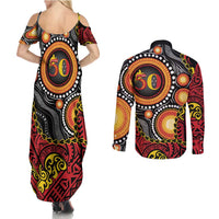 Celebrating 50 Years Papua New Guinea Couples Matching Summer Maxi Dress and Long Sleeve Button Shirt Aboriginal Mix Papuan Pattern - Polynesian Pride